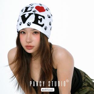 PANCY LOVE猫猫~春夏可爱猫爪包头帽爱心毛线帽辣妹针织帽显脸小
