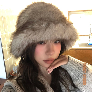 PANCY冬日毛茸茸！渐变毛毛渔夫帽保暖大头围毛绒帽冬款防寒帽子