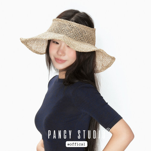 PANCY度假去吧！夏日镂空草编遮阳帽咸草本色可调节空顶海边草帽