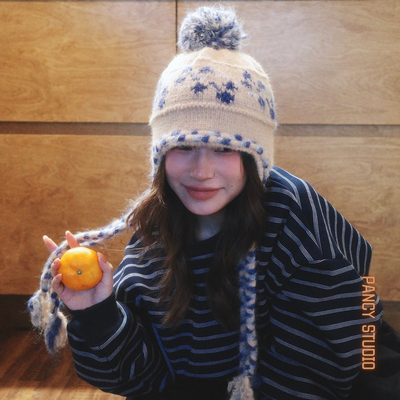 韩系ins毛球针织帽护耳流苏帽子