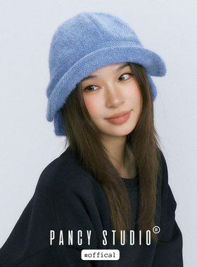 PANCY可爱翻檐渔夫帽！秋冬毛绒盆帽通勤蓝色帽子复古百搭水桶帽
