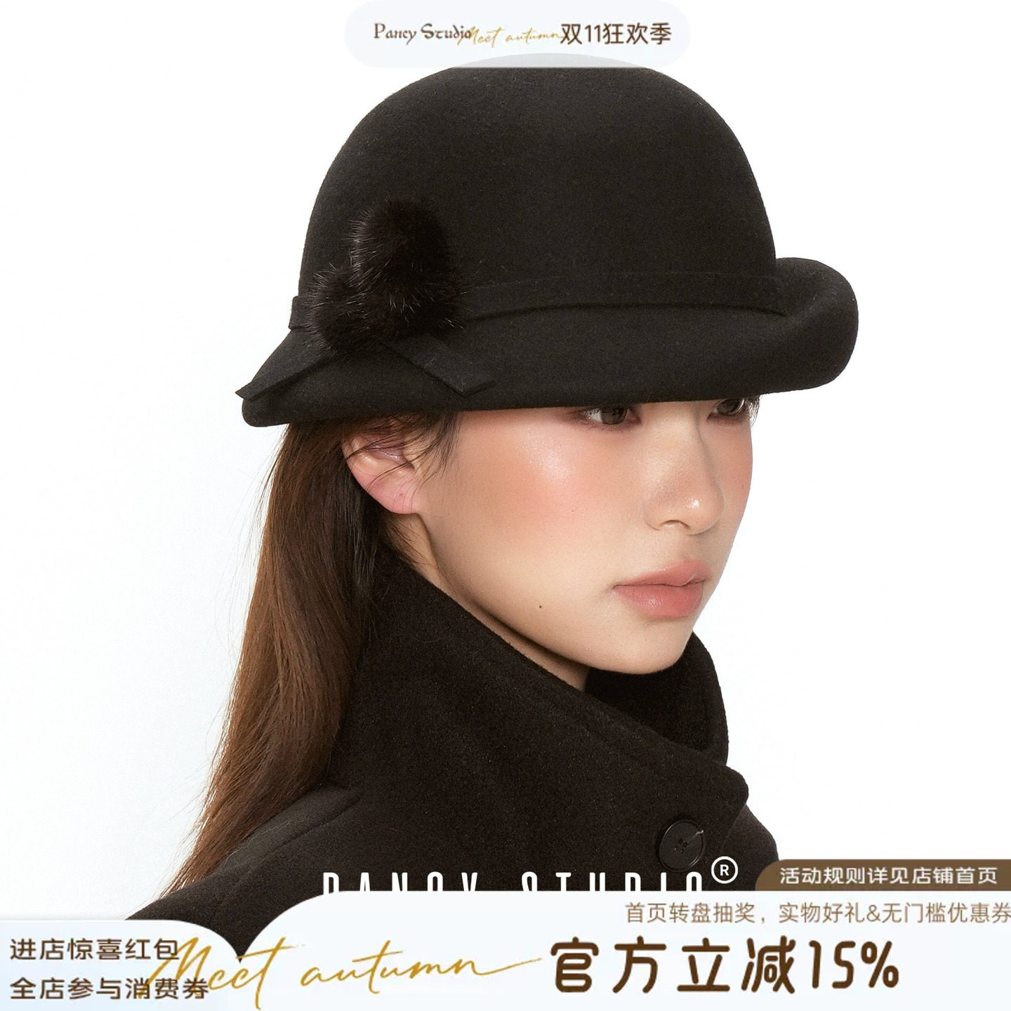 PANCY留洋千金~赫本风羊毛呢礼帽贝雷帽法式复古气质黑色圆顶帽子