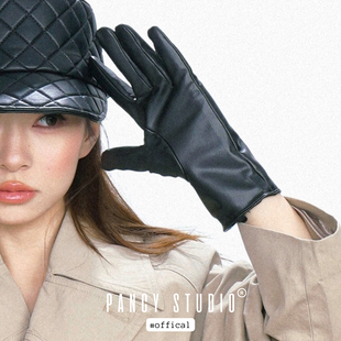 PANCY冬季也优雅~pu皮革手套女秋冬防风保暖短款薄款时髦五指手套