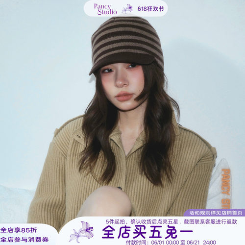 复古条纹针织马术帽韩系骑士帽