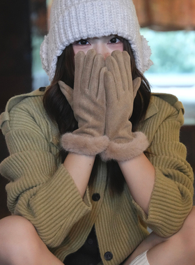 PANCY温暖小高级～秋冬毛边复古麂皮绒手套优雅保暖可触屏手套