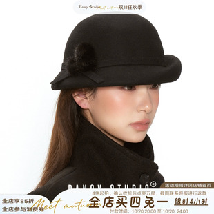 PANCY留洋千金~赫本风羊毛呢礼帽贝雷帽法式复古气质黑色圆顶帽子