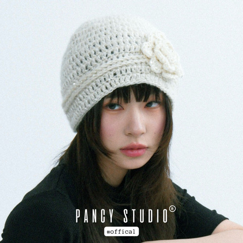 PANCY复古手工编织氛围感细闪花朵针织包头帽秋冬百搭帽子小众