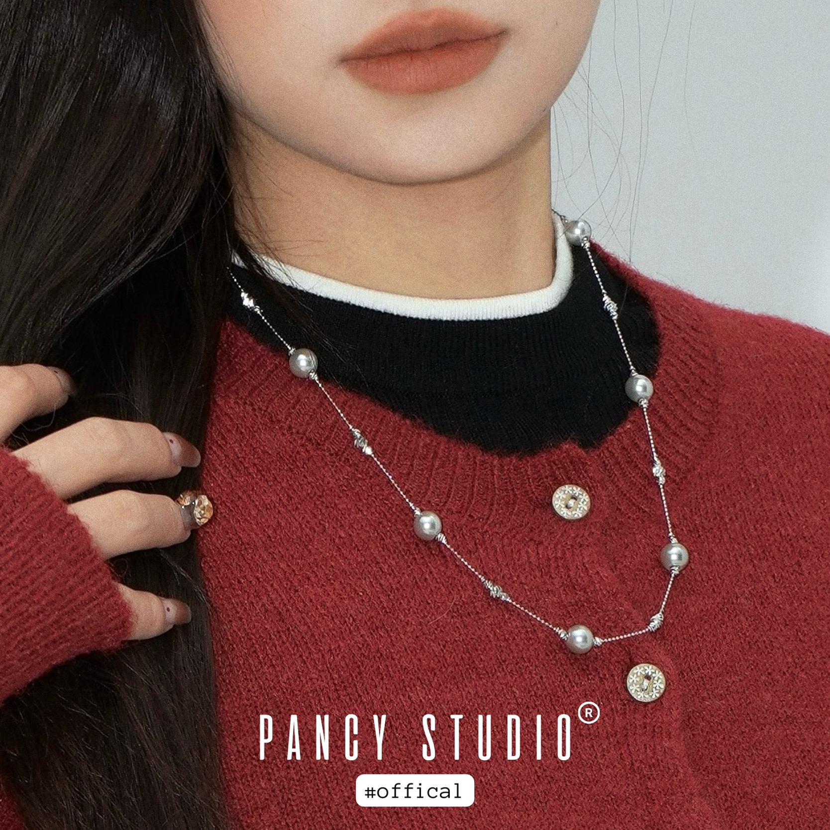 PANCY满天星灰珍珠项链缠绕千金风颈链长款双层毛衣链精致通勤