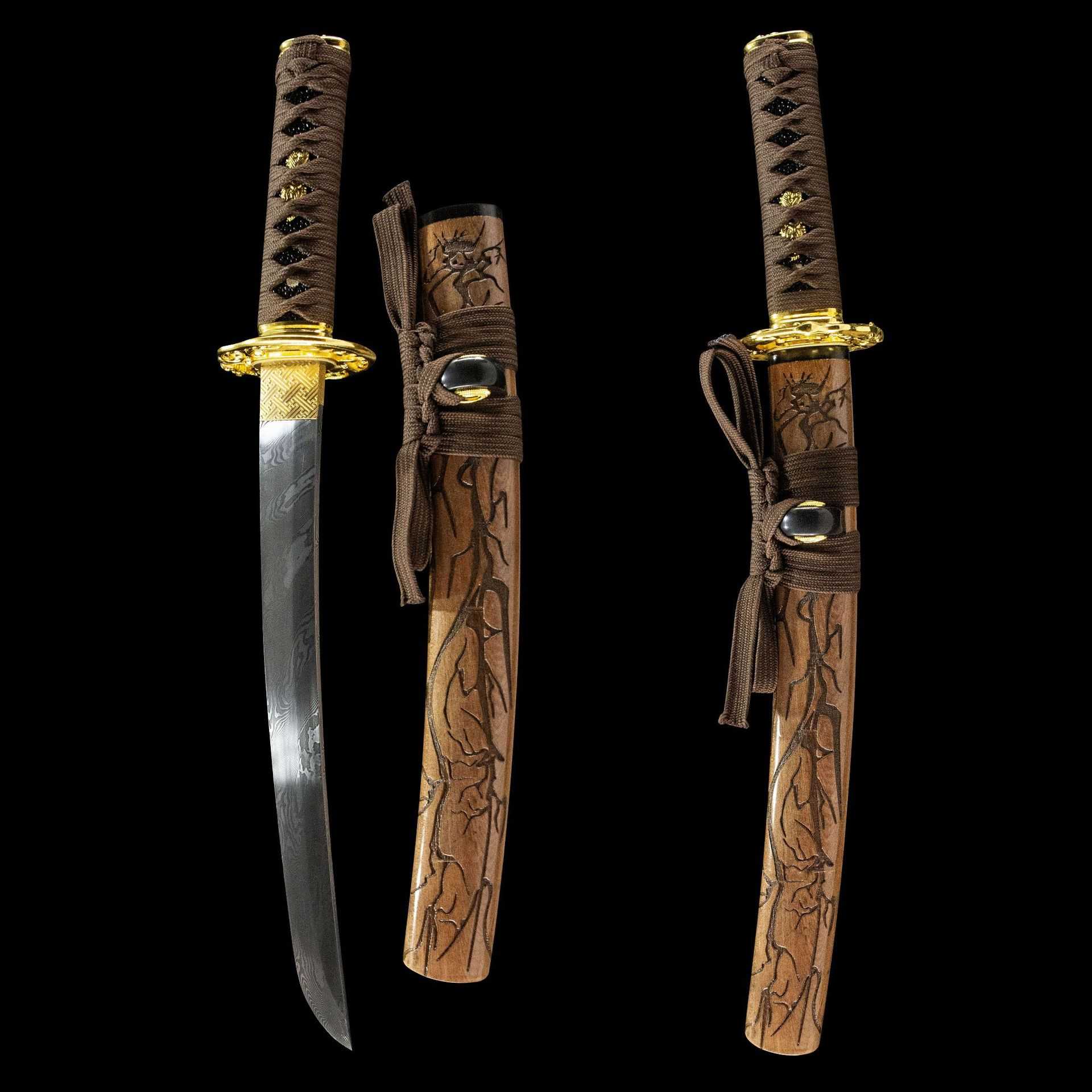 日本短刀胁差武士刃大马士革龙泉刀剑武术居合刀Wakizashi未开刃