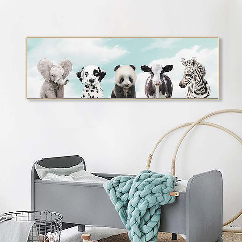 动物装饰画卧室床头挂画简约现代儿童房可爱动物熊猫大象长颈鹿牛图片