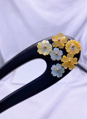 黑檀木淡水大珍珠贝雕花发簪古风气质女U型簪子新中式国风