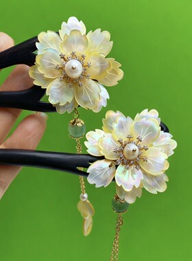 檀木簪子原创黄蝶贝天然珍珠盘发木簪新中式u型发簪高级感发饰