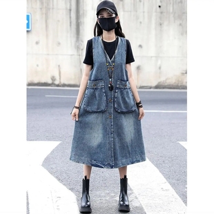 牛仔马甲连衣裙女宽松大码 外套 坎肩复古大口袋百搭显瘦外搭中长款