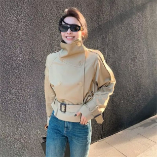 卡其色短款风衣女小个子2025春秋新款韩版休闲气质高领双排扣外套
