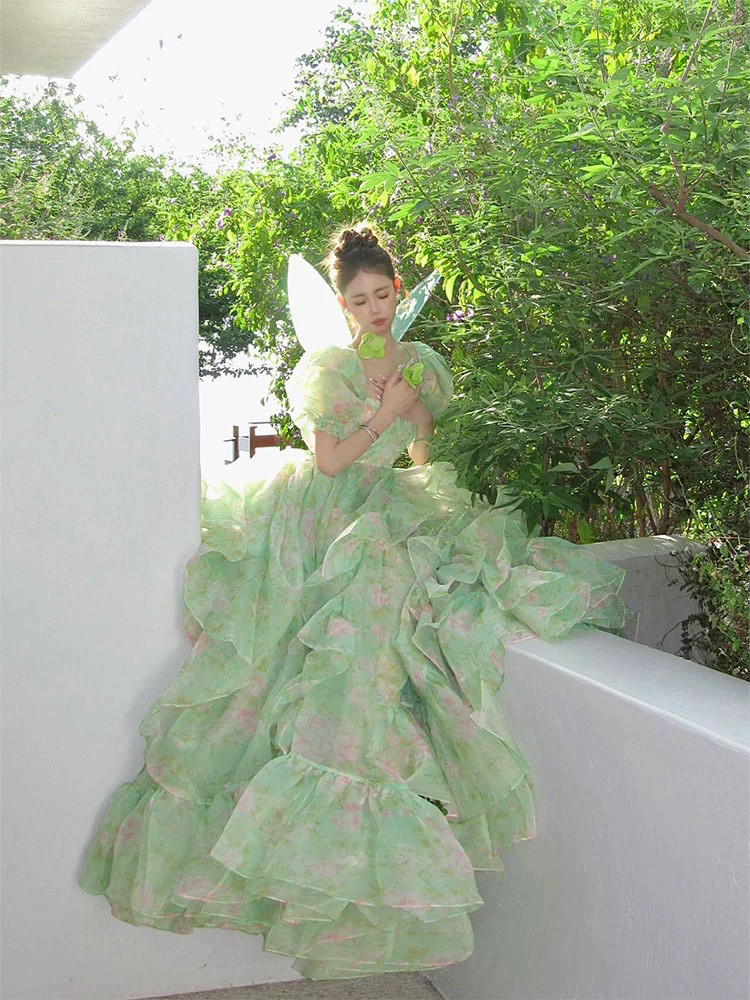 绿色拖尾连衣裙女法式重工泡泡袖在逃公主蓬蓬裙生日礼服裙成人礼