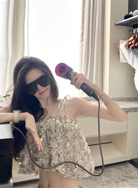 纯欲封风设计感bm风吊带夏季新款重工亮片短款一字肩露脐抹胸上衣