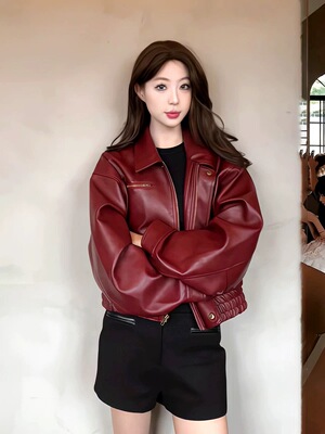 美式复古翻领短款皮衣外套女2025秋季爆款红色气质洋气夹克上衣