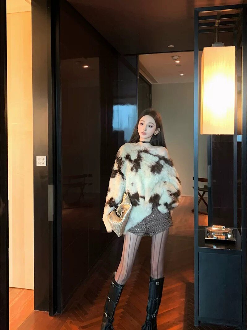 复古撞色毛绒斜肩套头毛衣女秋冬季慵懒宽松针织衫休闲长袖上衣