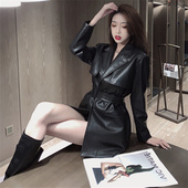 收腰显瘦中长款 网红同款 超飒港味系腰带风衣2022春季 皮衣连衣裙女