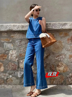 2025夏季新款韩系法式气质轻奢高级感无袖蓝色牛仔上衣+裤子套装