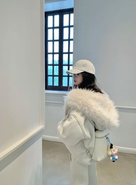 冬季新款白色毛毛领连帽卫衣加绒加厚外套+休闲裤两件套套装女潮