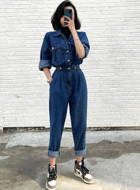 炸街牛仔连体裤套装女2022韩系新款显高遮肉复古长袖松紧腰连衣裤
