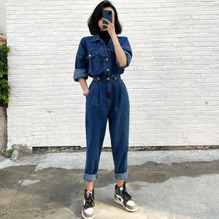 松紧腰连衣裤 炸街牛仔连体裤 显高遮肉复古长袖 女2022韩系新款 套装