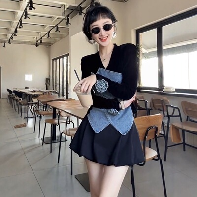 秋季设计感不对称牛仔拼接假两件V领长袖T恤+花苞裙两件套套装女