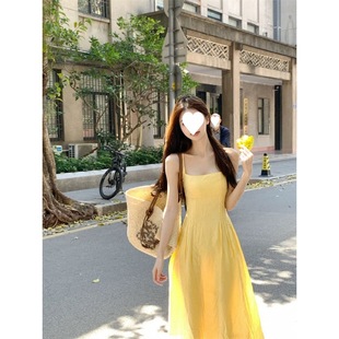 新款 韩式 夏季 法式 收腰气质长裙海边度假裙 小个子吊带连衣裙女装
