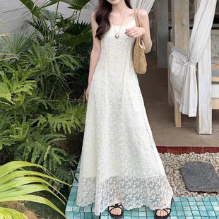 韩式 穿搭海边度假风收腰长 纯欲风蕾丝吊带连衣裙子女2025夏季 新款