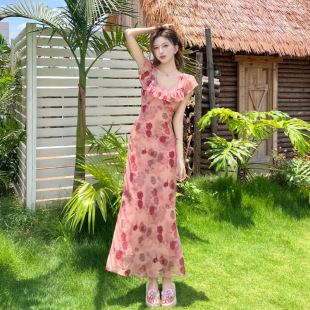 气质荷叶边收腰显瘦长裙子 韩式 法式 茶歇碎花连衣裙女2025夏季 新款