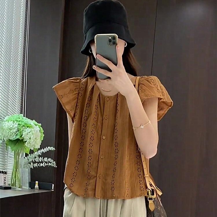 法式刺绣蕾丝小飞袖衬衫女2026夏天设计感减龄洋气娃娃衫小众上衣