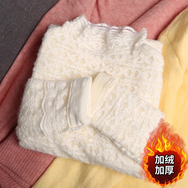 秋冬加绒加厚高领蕾丝打底衫女