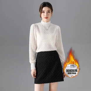 洋气加绒磨毛蕾丝打底衫女秋冬新款高级感法式钩花半高领长袖上衣