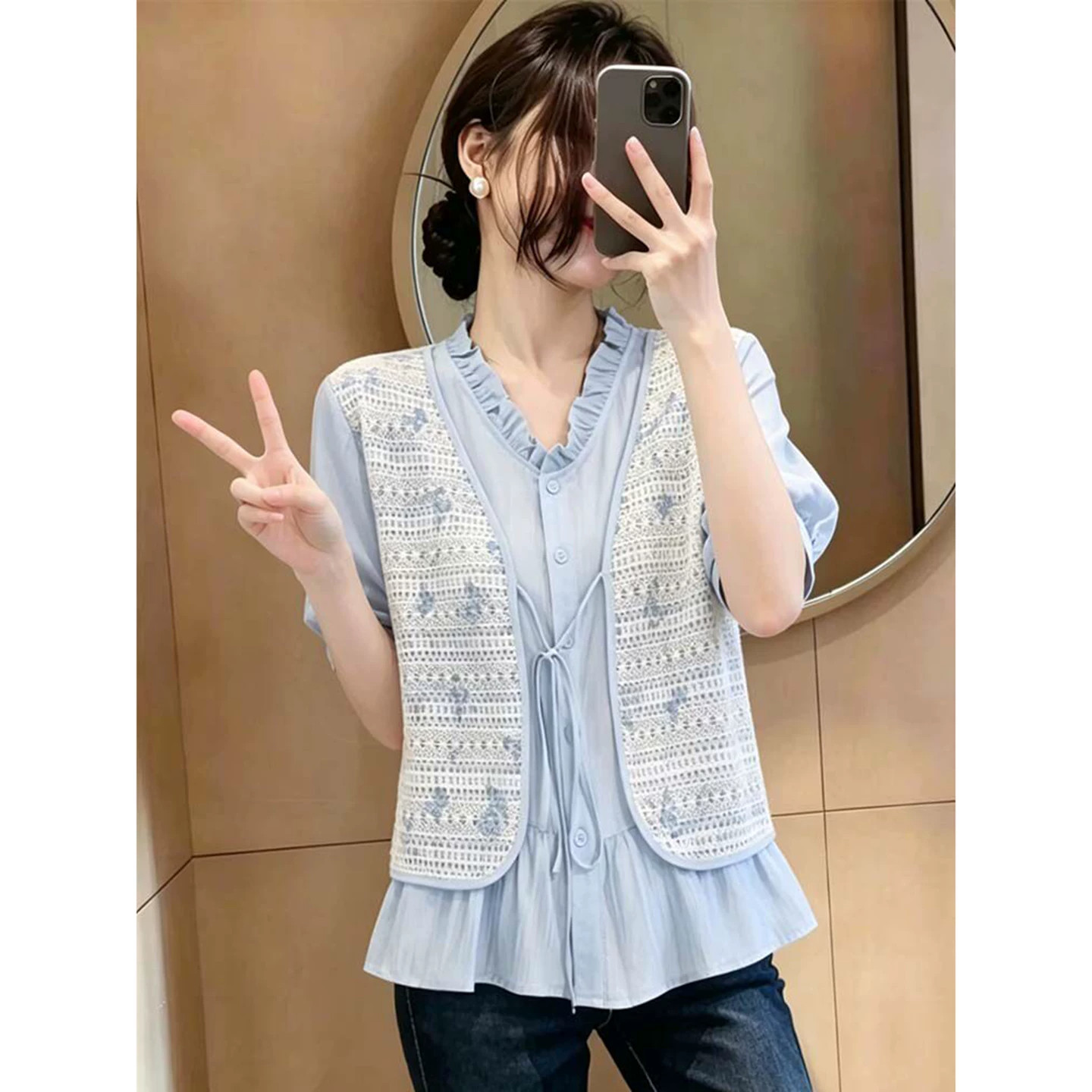 夏季蕾丝拼接假两件大码显瘦衬衫