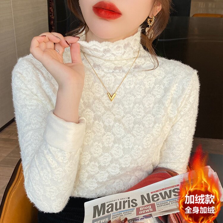 加绒加厚蕾丝网纱打底衫女秋冬装新款时尚洋气内搭保暖长袖上衣女