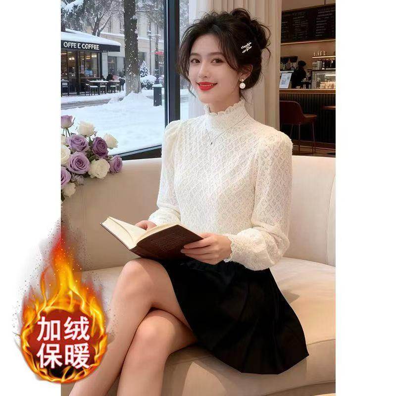 加绒半高领钩花蕾丝打底衫女秋冬