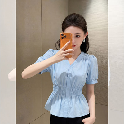大码胖mm显瘦收腰短袖衬衫女夏季