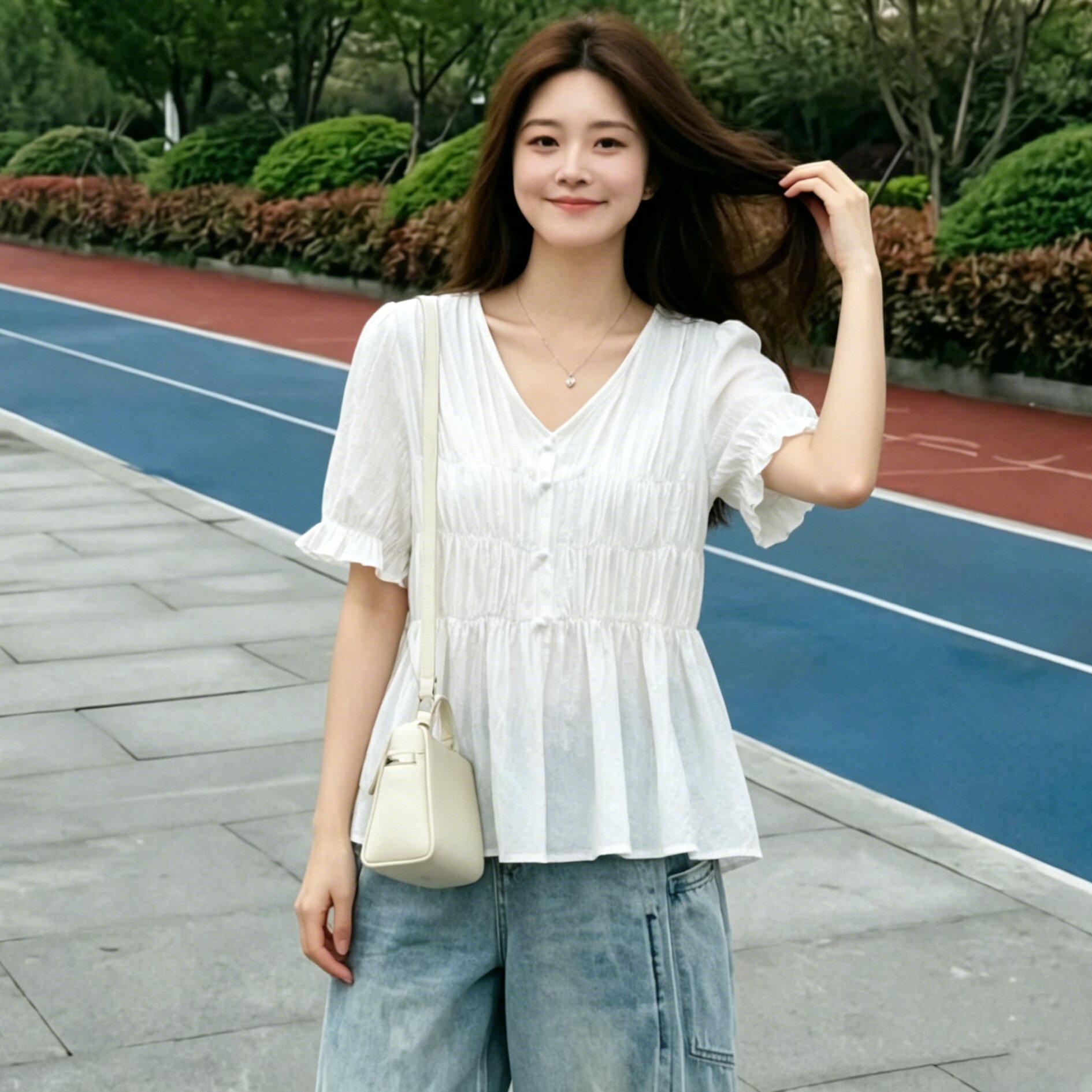 V领荷叶袖褶皱收腰短袖衬衫女夏季温柔风宽松显瘦百搭新款上衣潮