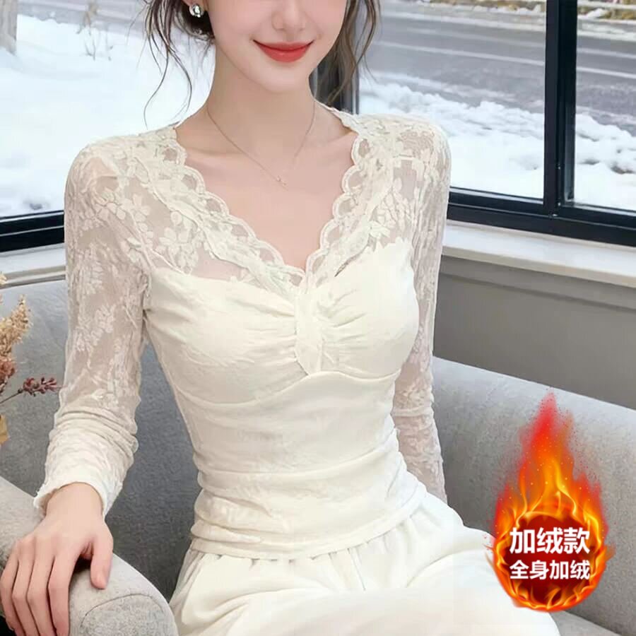 韩系时尚内搭蕾丝打底衫女装新款春秋气质温柔风V领修身长袖上衣