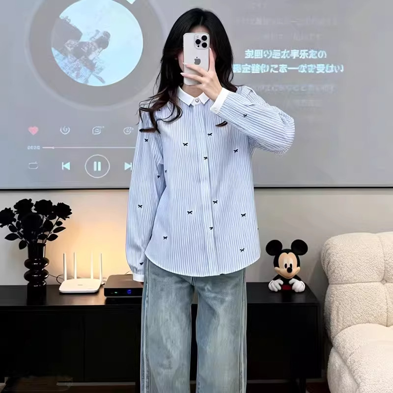 韩版蝴蝶结条纹长袖衬衫2026春秋