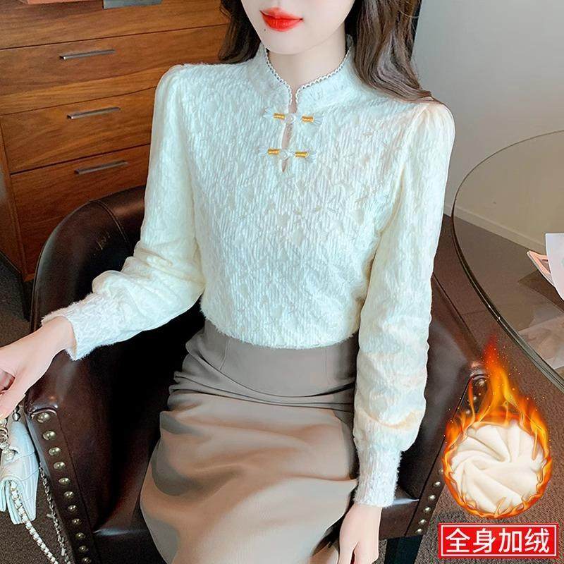 加绒新中式立领蕾丝打底衫
