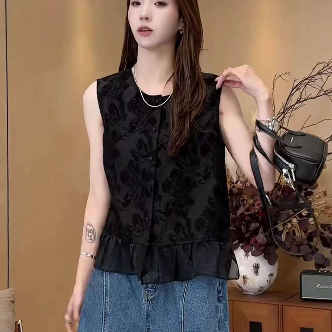 夏季新款网纱拼接无袖衬衫女韩版时尚纯色洋气百搭显瘦短袖上衣潮