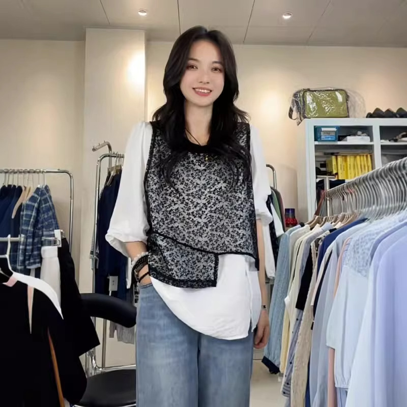 大码女装蕾丝拼接假两件衬衫春秋