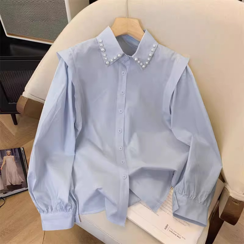 高级感钉珠POLO领长袖衬衫女春秋新款设计感气质小众宽松显瘦上衣