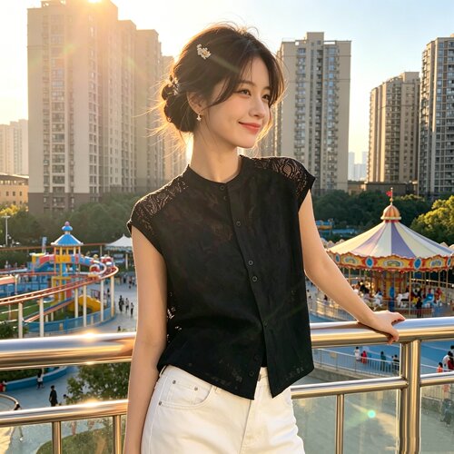 夏季轻薄透气无袖蕾丝显瘦上衣女