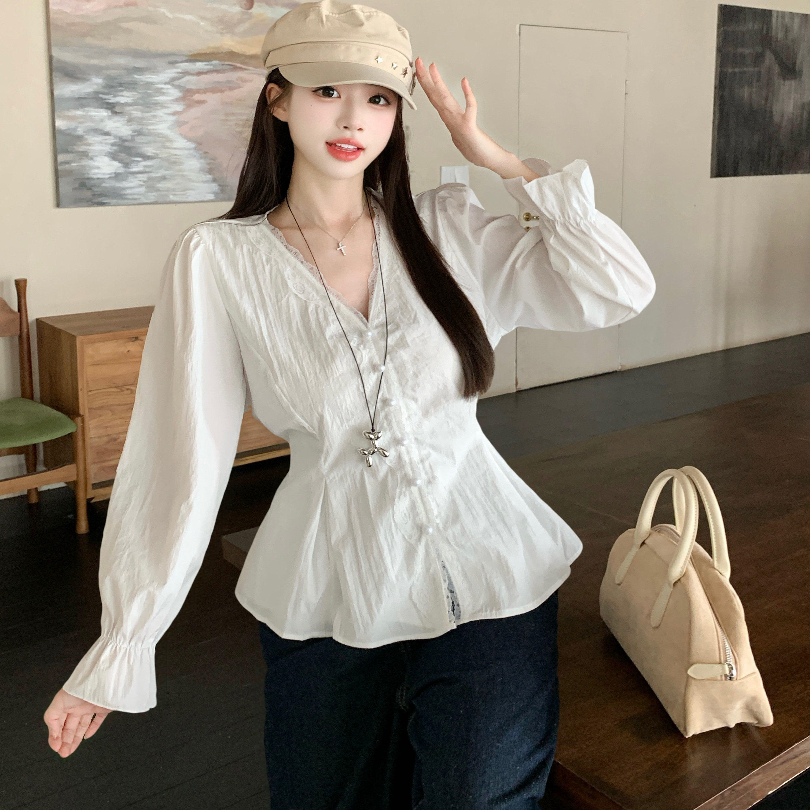 胖mm大码女装蕾丝拼接衬衫春秋