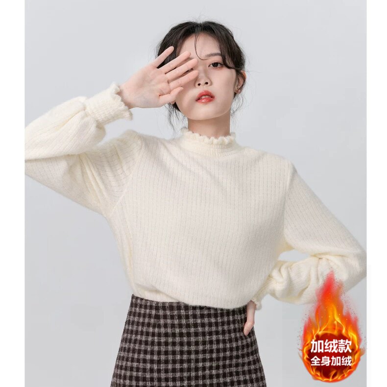 法式甜美木耳边半高领保暖加绒打底衫女秋冬时尚内搭可外穿上衣潮