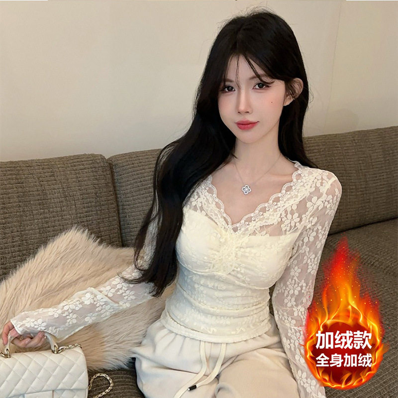 韩系内搭小衫磨毛蕾丝打底衫女秋冬新款洋气修身时尚百搭长袖上衣