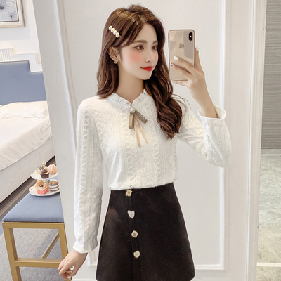 秋冬新款衬衫女半高领蕾丝衫
